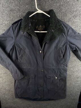 Barbour BRIDPORT Waxed Jacket Women Full Zip Fleece Lined Blue 8 US Winter Warm